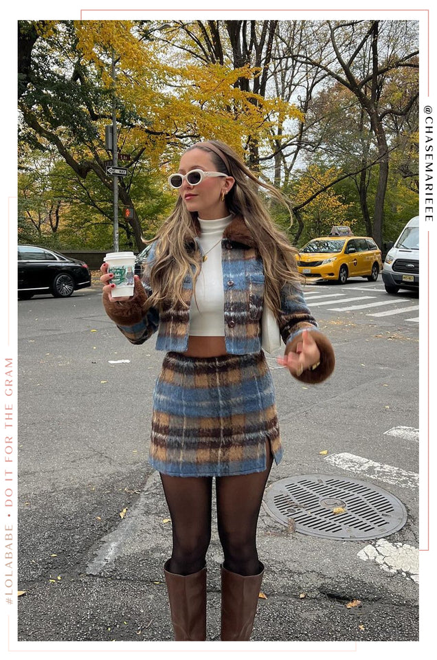 Blue and brown top plaid skirt