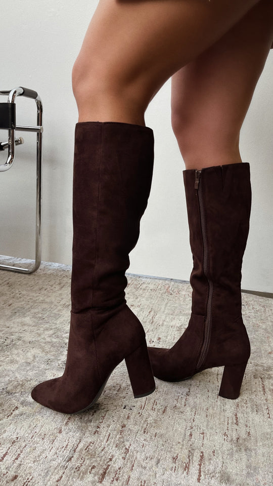 Miss Lola Fine Time Brown Suede Block Heel Knee High Boots MISS LOLA