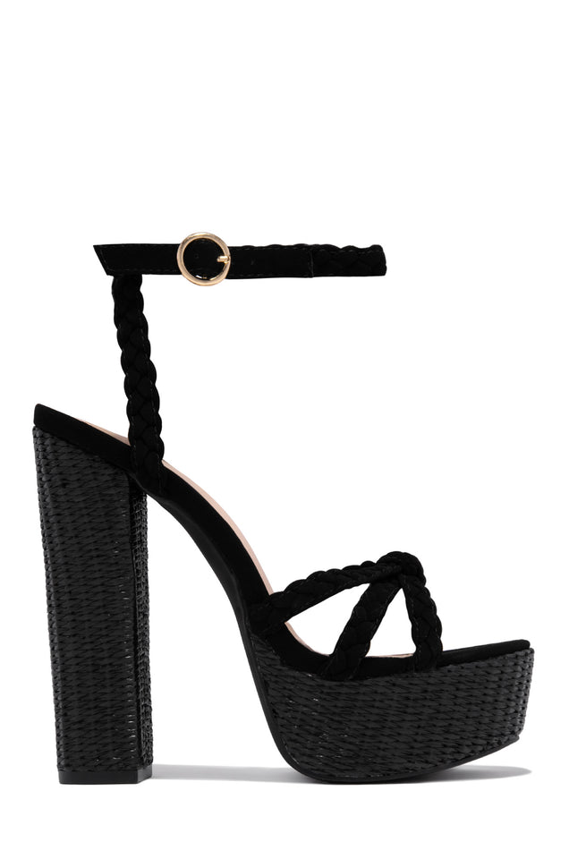 Load image into Gallery viewer, Black Platform Block High Heels with Natural Faux Raffia Detailing
