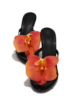 Load image into Gallery viewer, Black Slip On Heels with Rosette Flower Detailing on Strap
