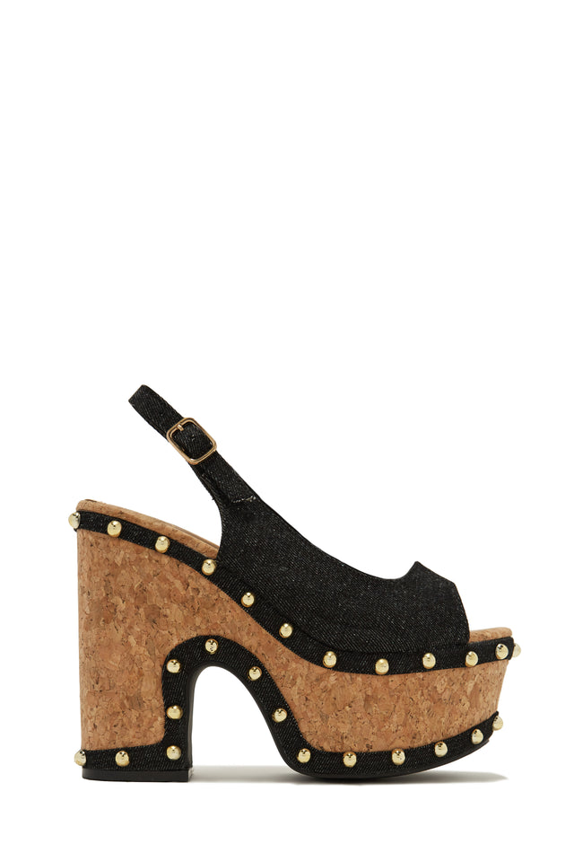 Load image into Gallery viewer, Black Denim Peep Toe Platform Chunky Heels
