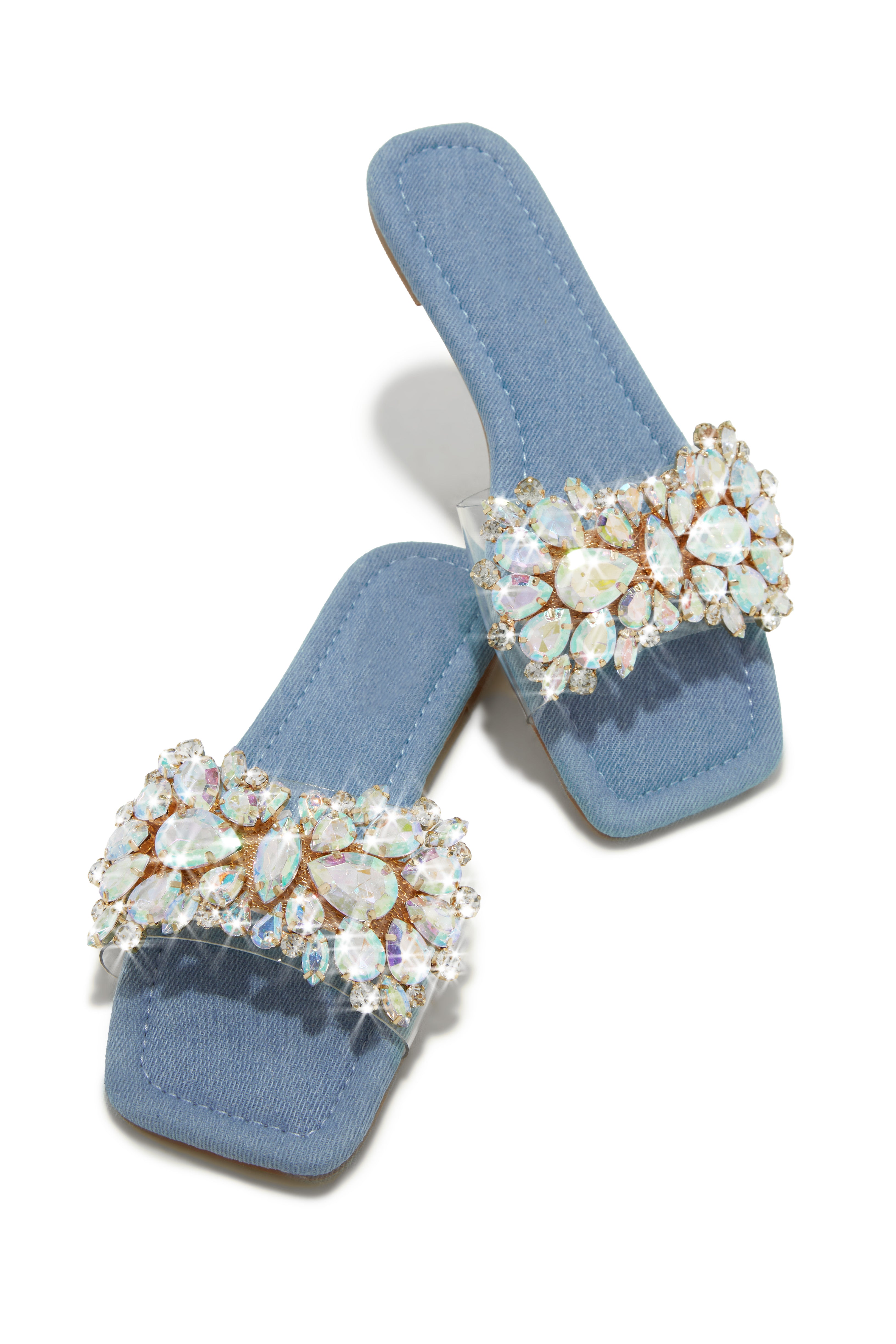 Miss Lola | Caribbean Island Denim Embellished Slip On Sandals – MISS LOLA