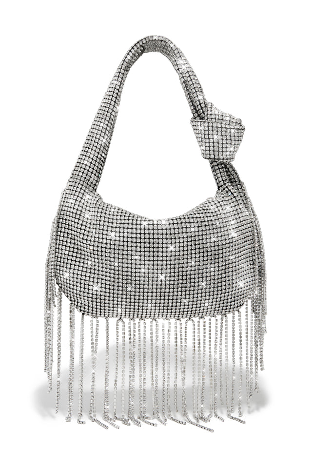 Load image into Gallery viewer, Silver-Tone Embellished Handbag with Rhinestone Dangle Detailing
