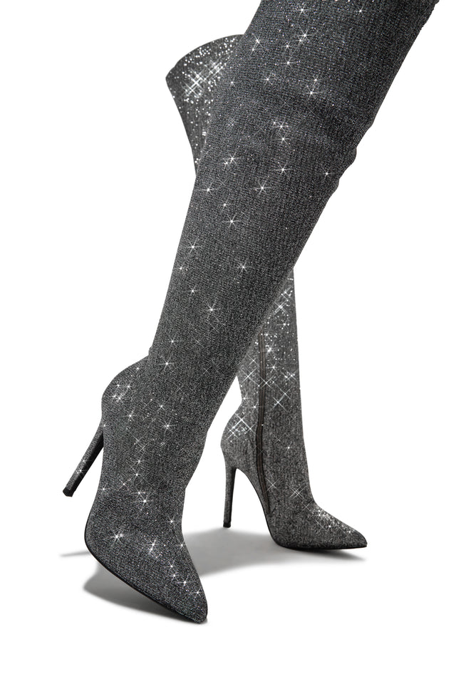 Miss Lola | Sultry Touch Glitter Over The Knee Boots – MISS LOLA