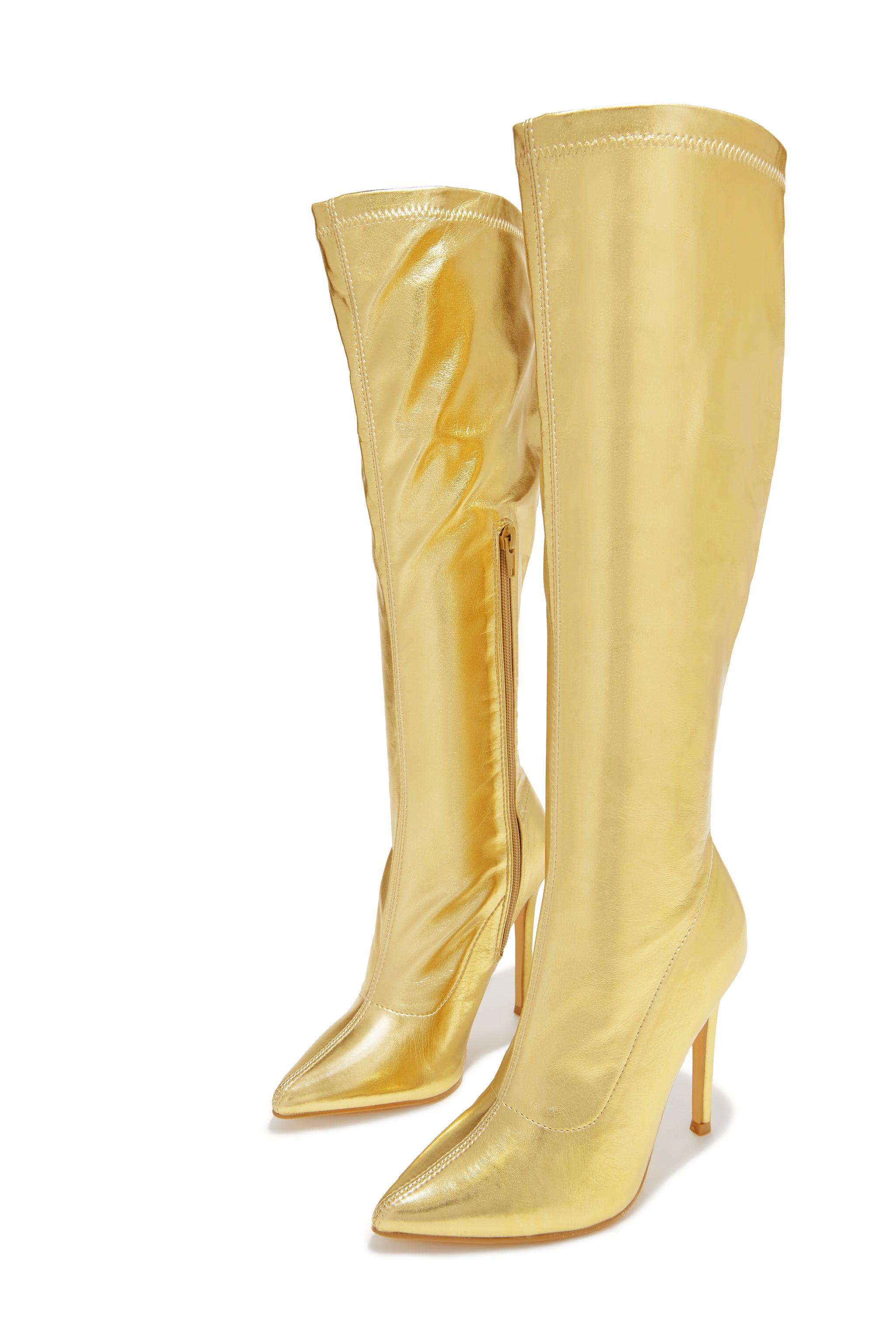 So Dramatic Gold Knee High Heel Boots MISS LOLA Miss Lola