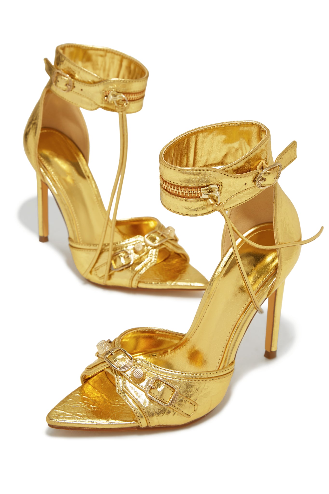 Miss Lola | Danni Gold Ankle Strap Pointed Toe High Heels – MISS LOLA