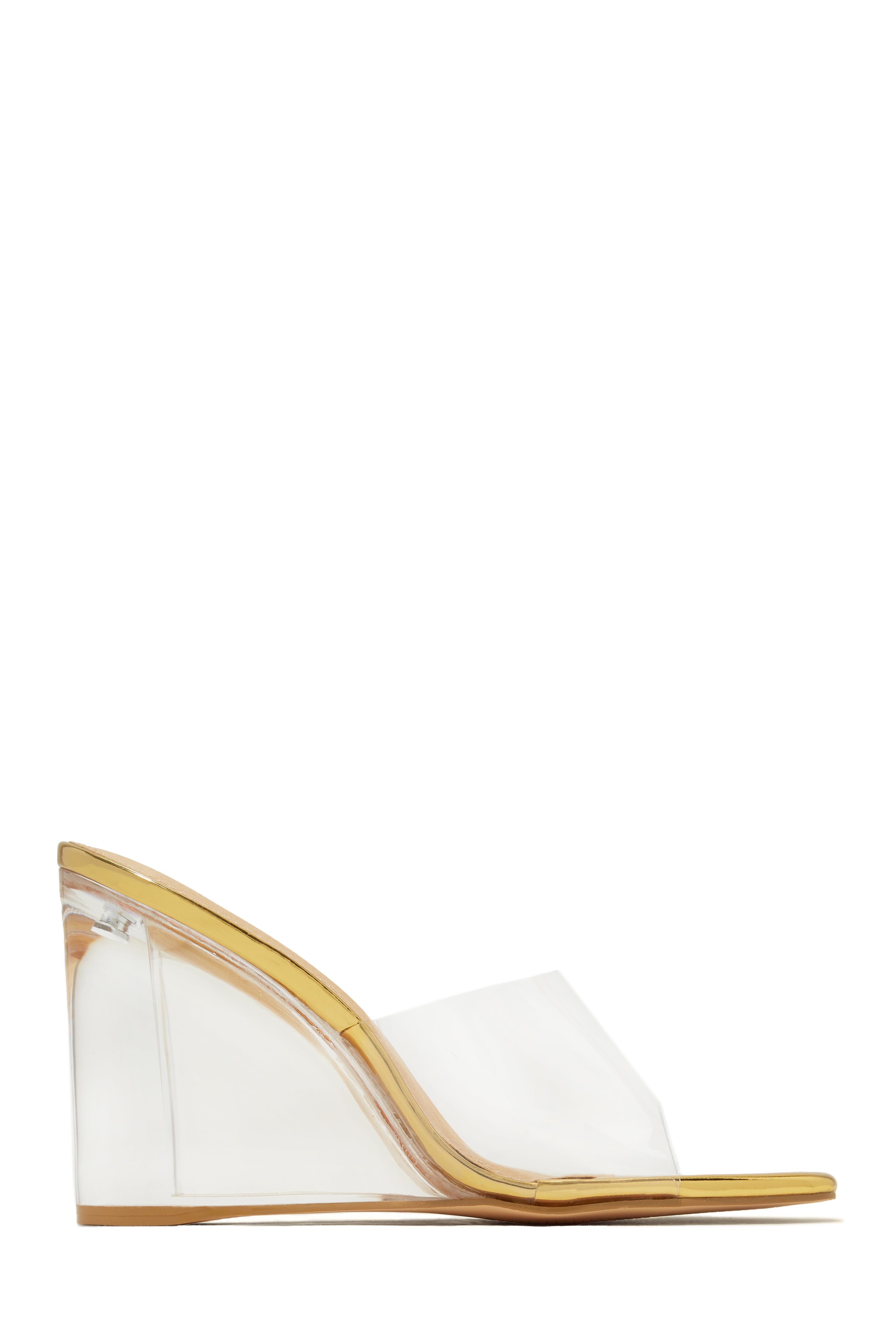 Miss Lola | Devica Gold Clear Wedge Heel Mules – MISS LOLA