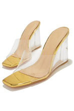 Load image into Gallery viewer, Gold-Tone Single Sole Wedge Mule Heels
