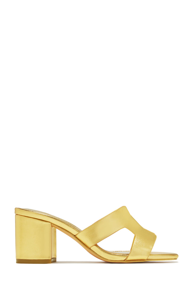Load image into Gallery viewer, Gold-Tone Block Heel Open Toe Mules
