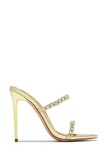Load image into Gallery viewer, Gold-Tone Single Sole Embellished High Heel Mules
