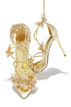 Load image into Gallery viewer, Fantasy Dreams Butterfly Embellished Lace Up Heels - Gold
