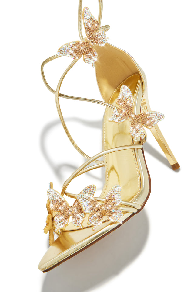 Load image into Gallery viewer, Fantasy Dreams Butterfly Embellished Lace Up Heels - Gold
