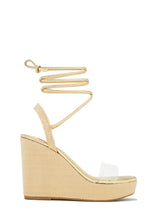 Load image into Gallery viewer, Gold-Tone Lace Up Platform Wedges with Clear Strap
