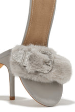 Load image into Gallery viewer, Cold Heart Faux Fur Strap High Heel Mules - Grey
