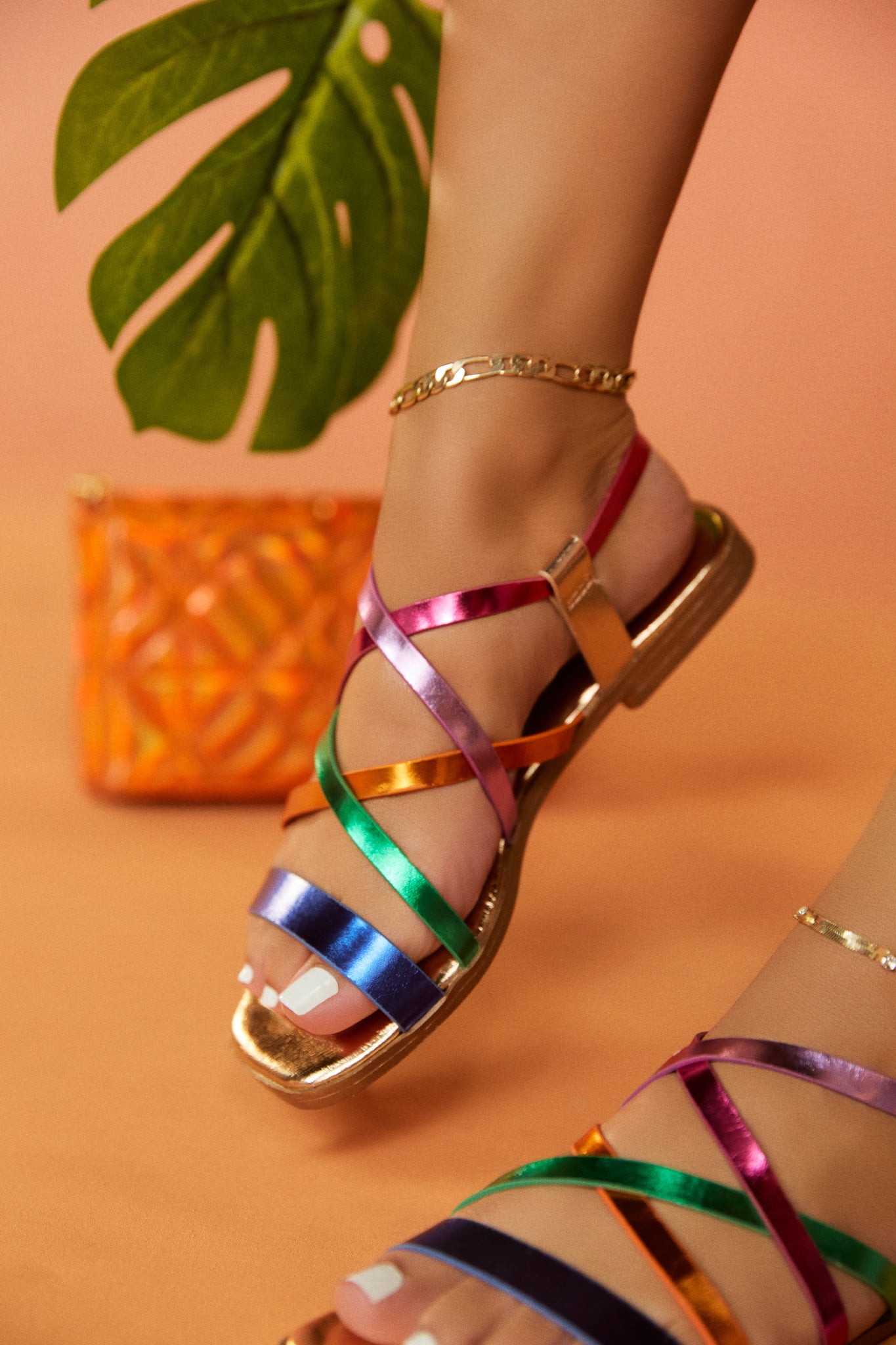 Miss Lola | Ibiza Vibin' Rose Gold Multi Colored Strappy Flat