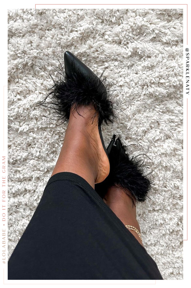 Load image into Gallery viewer, Lorelai Faux Feather Mule Heels - Black
