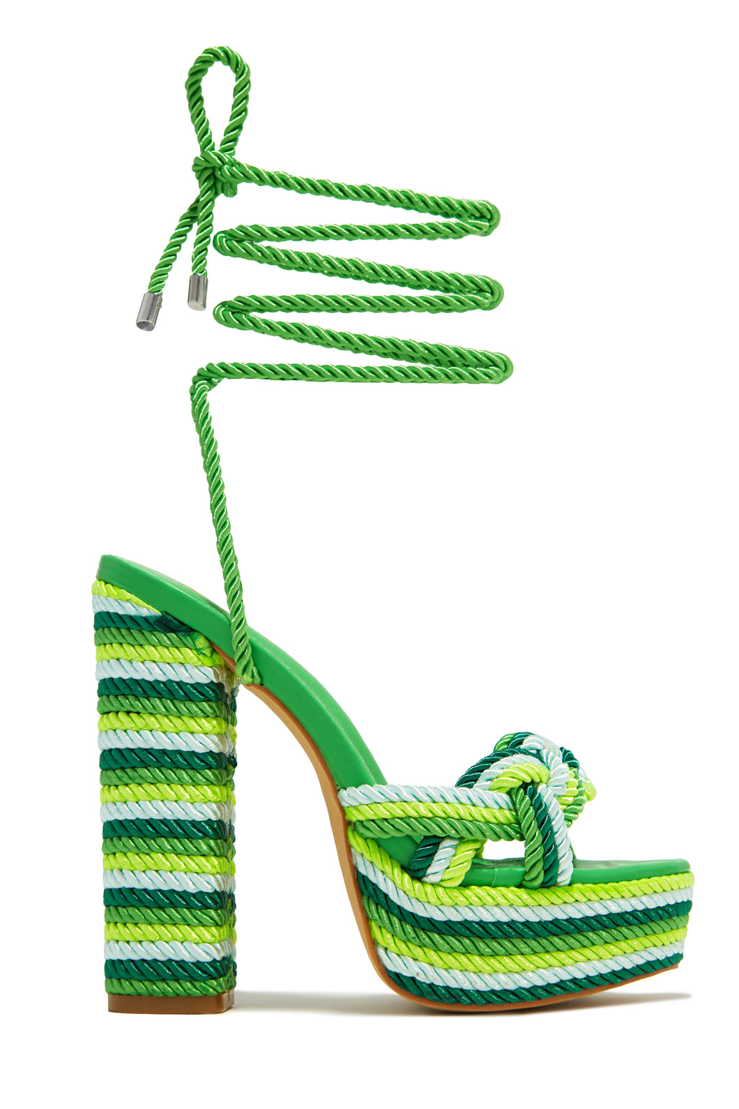 Green Rope Detailed Lace Up Platform Chunky Heels