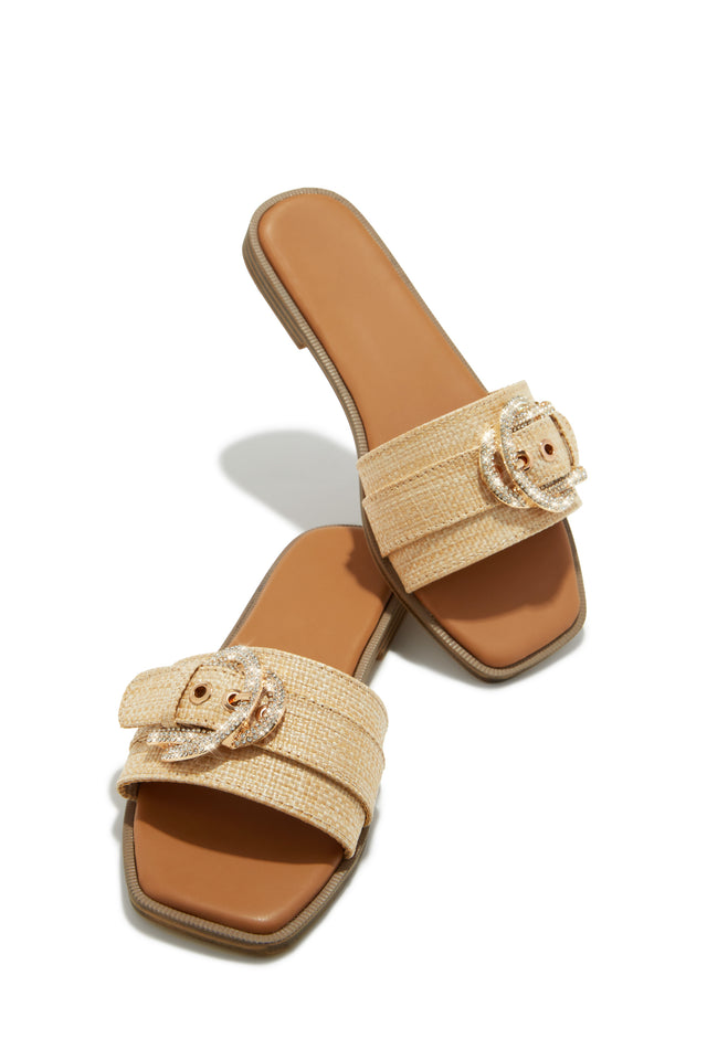 Load image into Gallery viewer, Natural Faux Raffia Embellished Buckle Slip On Sandals
