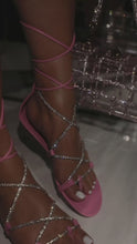 Load and play video in Gallery viewer, Vegas Weekend Embellished Lace Up Sandals - Pink
