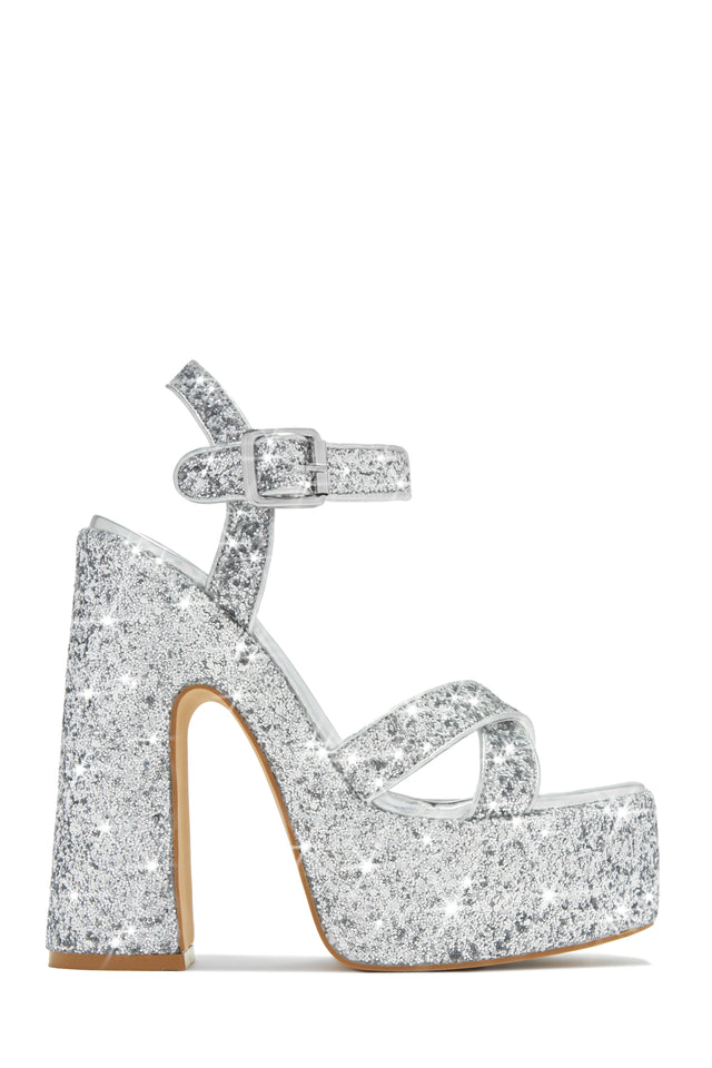 Doll Drama Silver Glitter Diamante Strappy Platform Heels – Club L London -  IRE