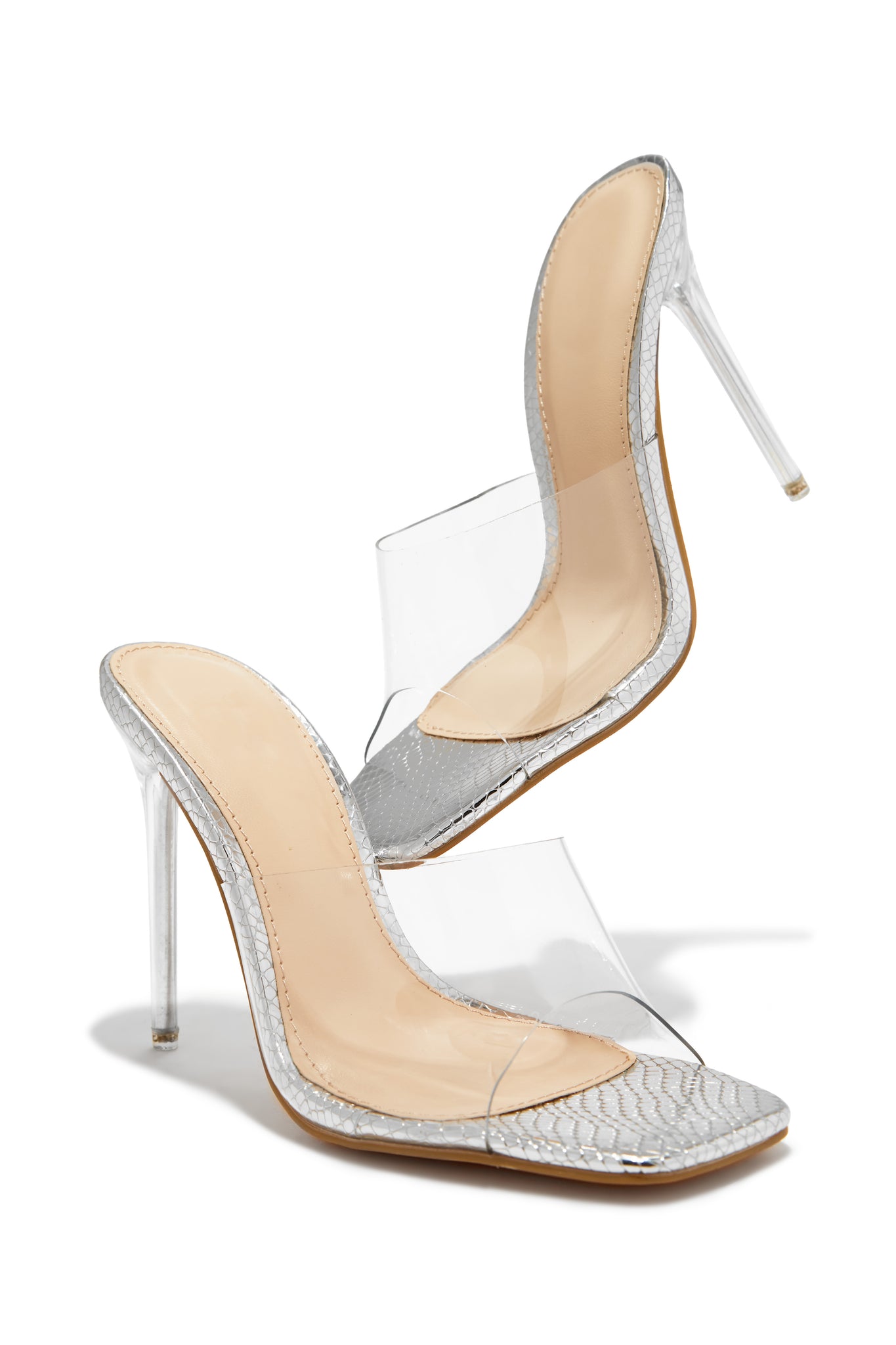 Amerie Clear High Heel Mules - Silver