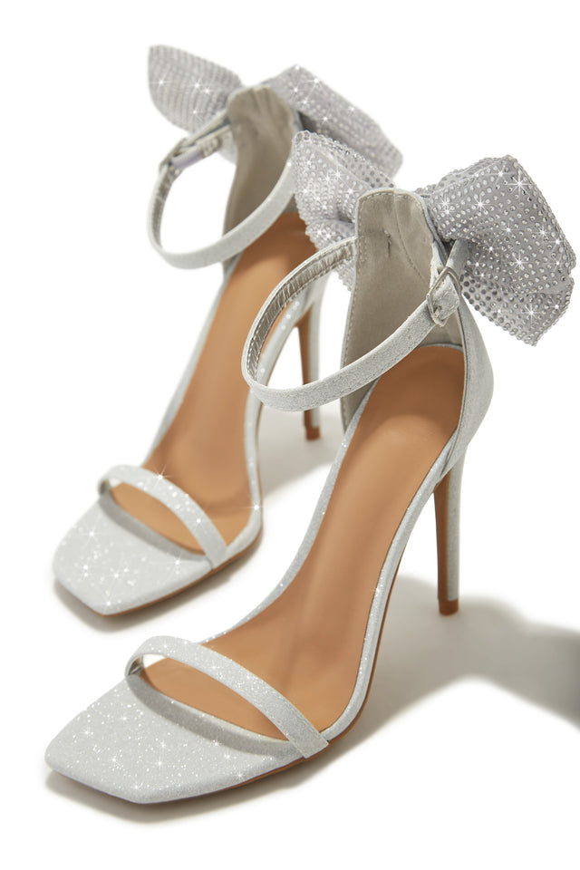 Public Desire Wide Fit Twilight embellished bow heeled shoes in silver |  ASOS