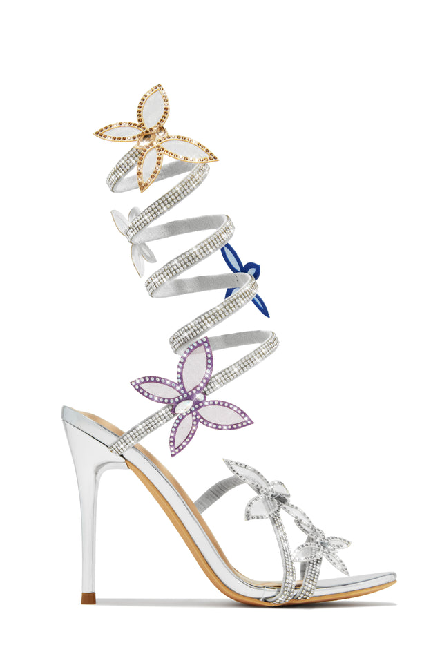 Miss Lola | Fantasy Silver Multi Color Around The Ankle Coil Heels 