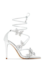 Load image into Gallery viewer, Fantasy Dreams Butterfly Embellished Lace Up Heels - Silver
