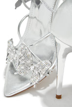 Load image into Gallery viewer, Fantasy Dreams Butterfly Embellished Lace Up Heels - Silver
