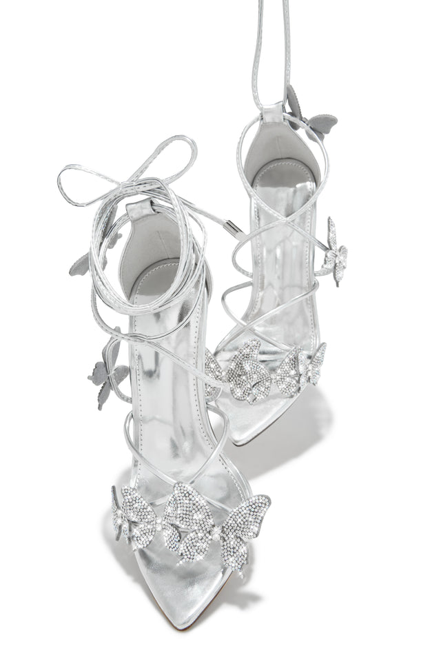 Load image into Gallery viewer, Fantasy Dreams Butterfly Embellished Lace Up Heels - Silver
