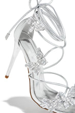 Load image into Gallery viewer, Fantasy Dreams Butterfly Embellished Lace Up Heels - Silver
