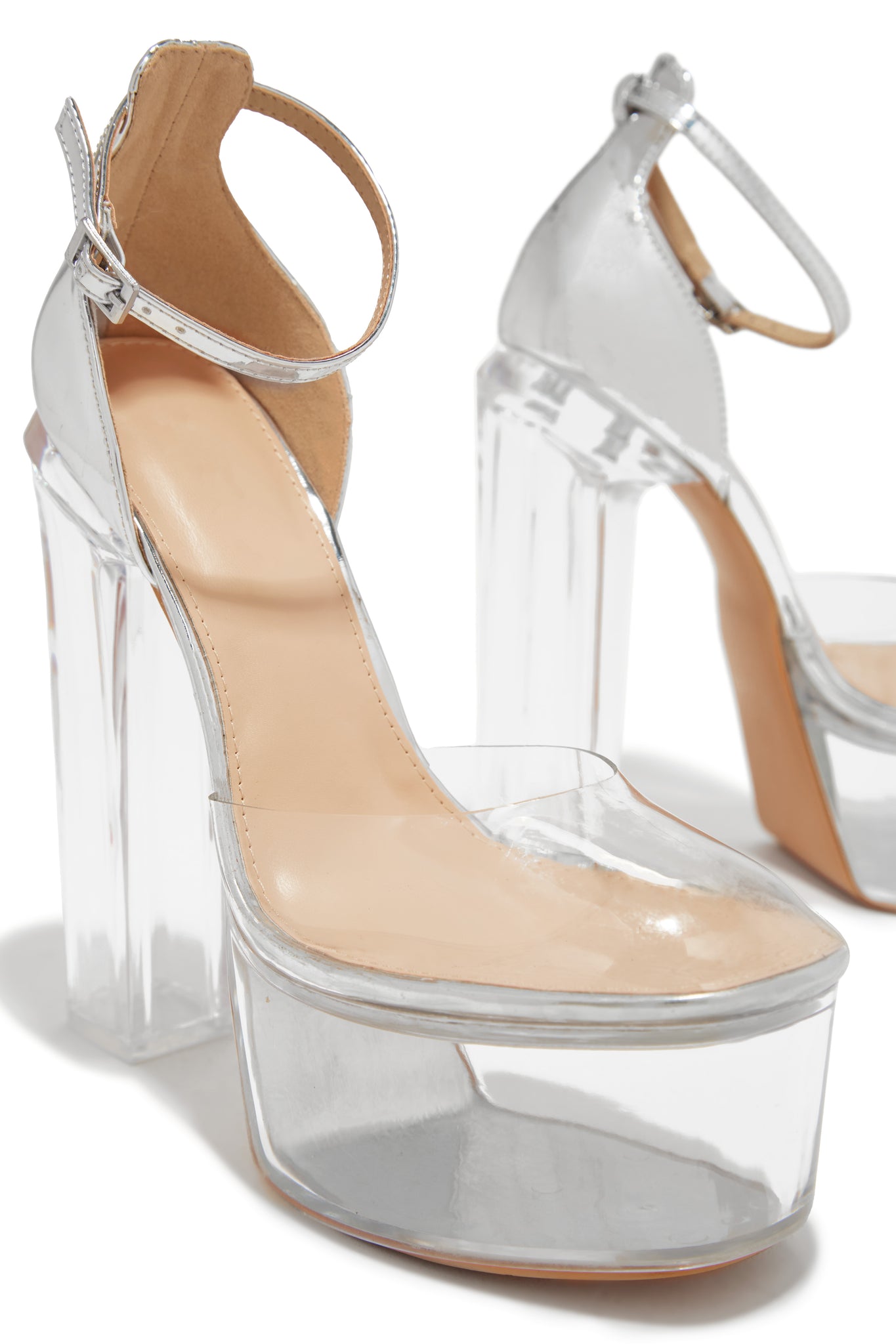 Miss Lola  Adore Me Silver Ankle Strap Platform Block High Heels