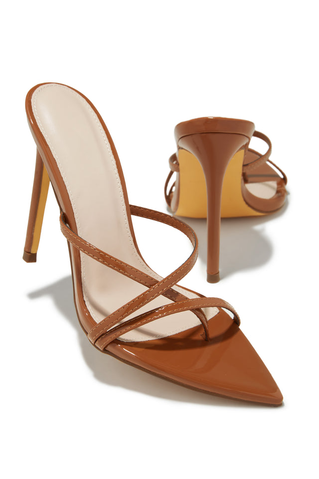 Load image into Gallery viewer, Tan Patent Open Pointed Toe Mules
