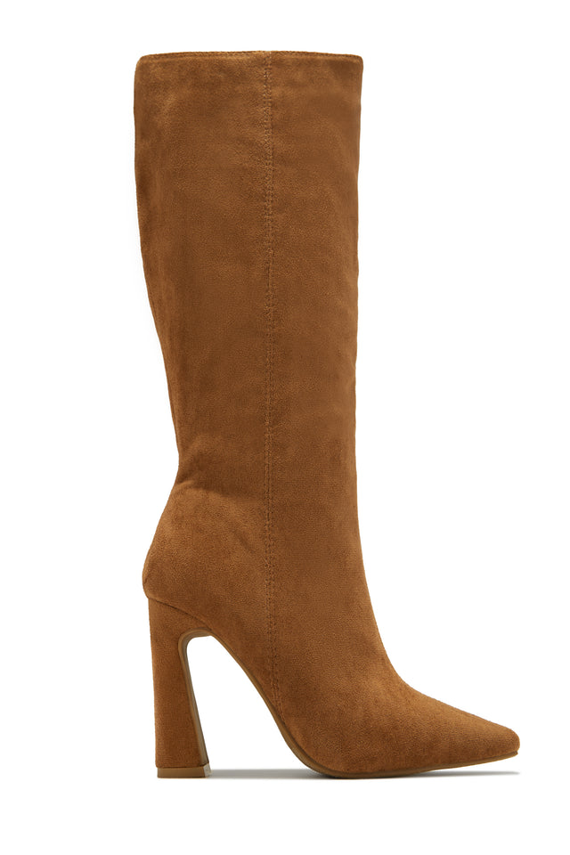 Tan block heel fashion knee high boots