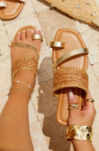 Load image into Gallery viewer, Women Wearing Gold Slip On Sandals
