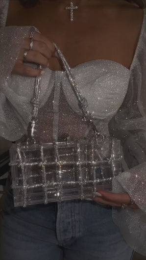 clear acrylic bag with embellished chain detailing