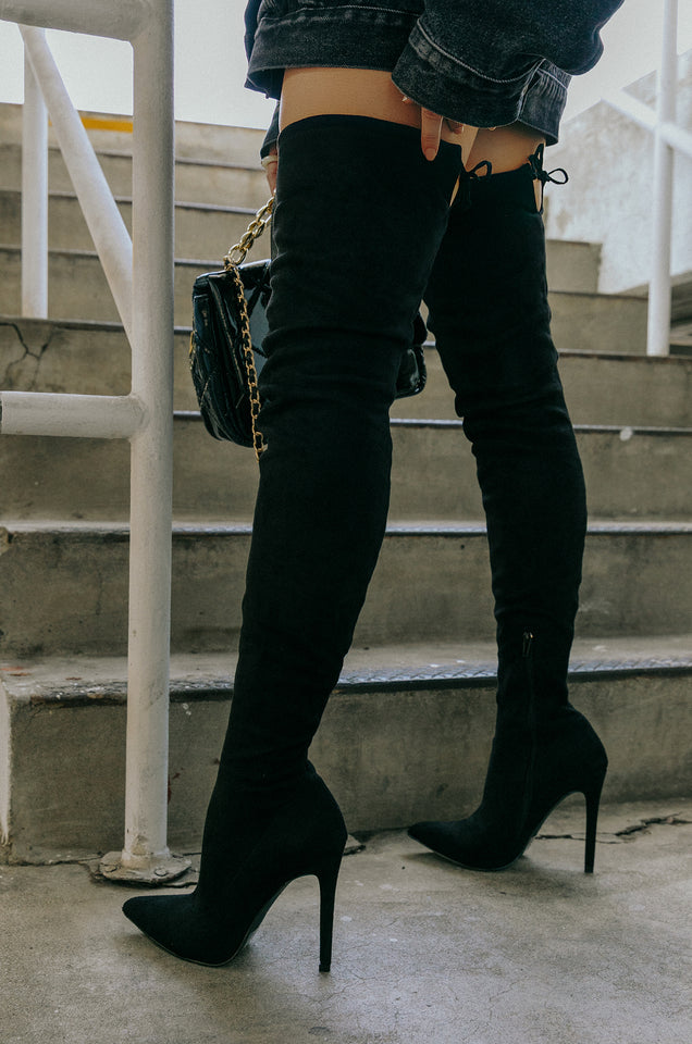 Faux Suede Feather Trim Knee High Boots | Nasty Gal
