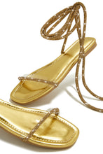 Load image into Gallery viewer, Gold-Tone Embellished Lace Up Sandals
