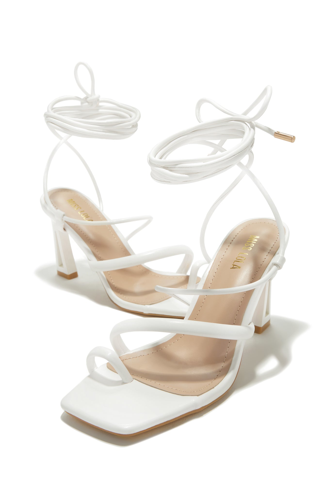 Dreamyy White Square Toe Ankle Strap High Heel Sandals